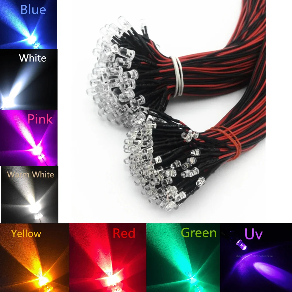 20 piezas diodos LED transparentes DC3V 5V 12V 24V 3MM 5MM 10MM para precable rojo/verde/azul/amarillo/UV/naranja/rosa/cálido/blanco/RGB