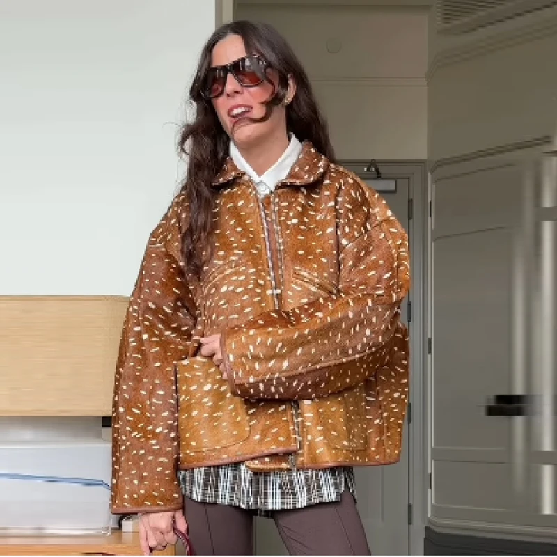 Chaqueta Elegante con Estampado de Animalitos para Mujer, Solapa, Manga Larga, Abrigo Cálido, Estilo Casual para Exteriores, Ropa de Calle, Novedad 2026