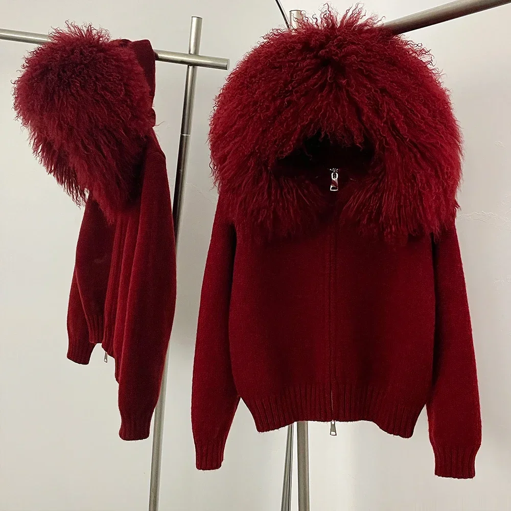 Abrigo cárdigan para mujer, abrigo de piel de zorro Natural, prendas de punto de piel mongol auténtica para mujer, chaqueta de piel tejida con capucha para primavera y otoño