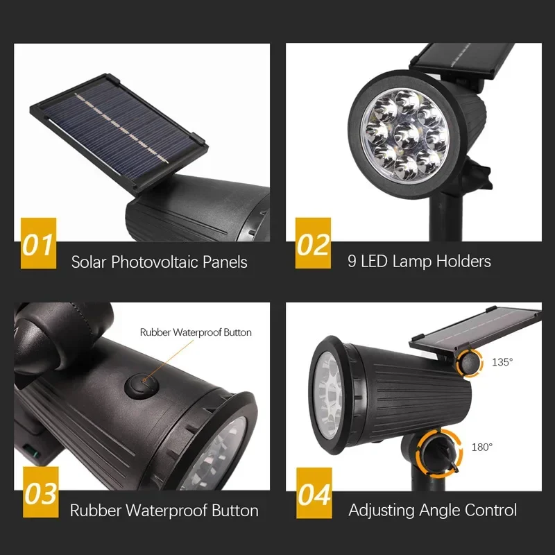 Foco Solar de 9 LED, focos impermeables para exteriores, luces solares de jardín, iluminación de paisaje, decoración, camino, lámpara de césped