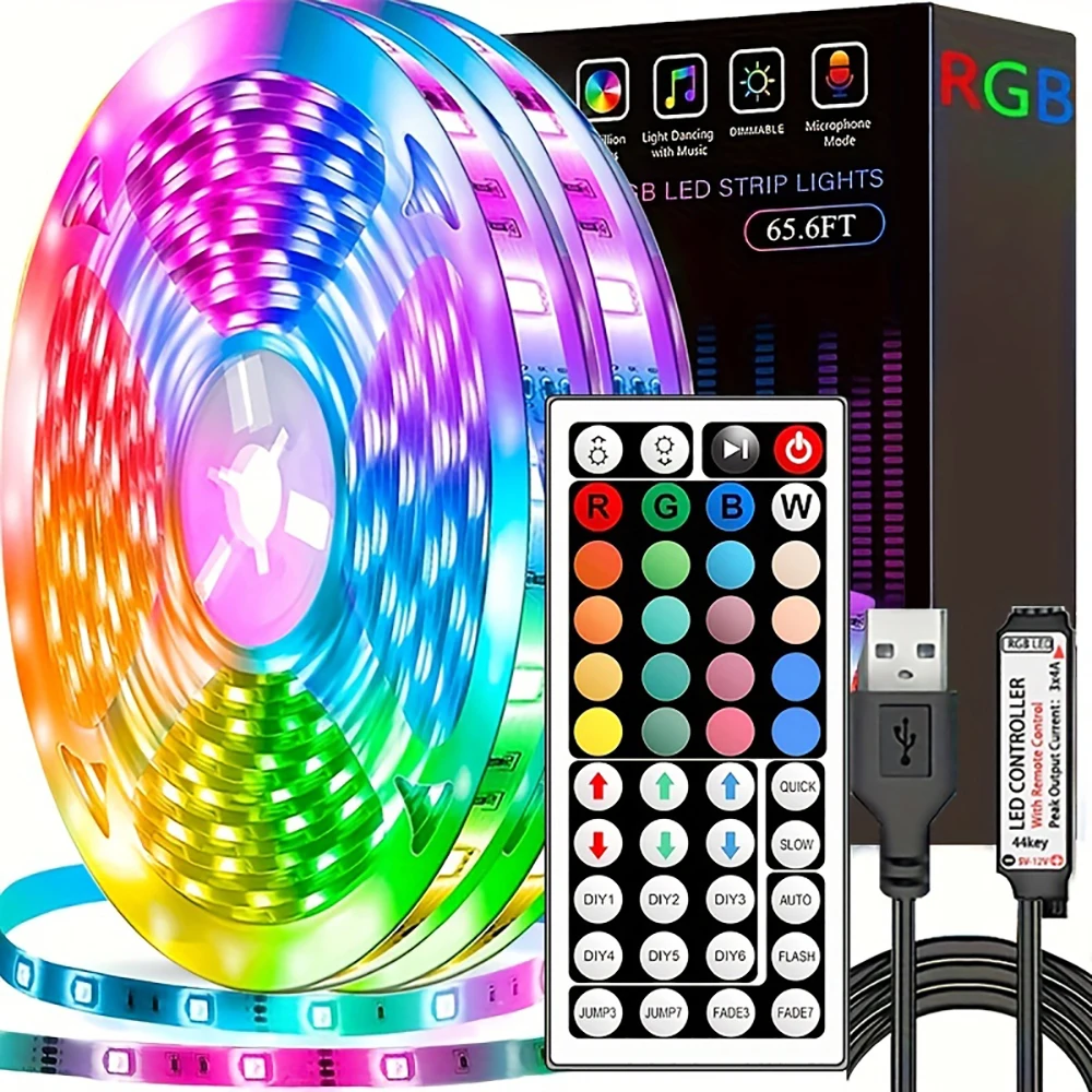 Tira de luces Led con Control remoto de 44 teclas, 1m, 5m, 10m, 20m, cinta RGB, pared Led para habitación, hogar, dormitorio, decoración de fiesta, retroiluminación de TV