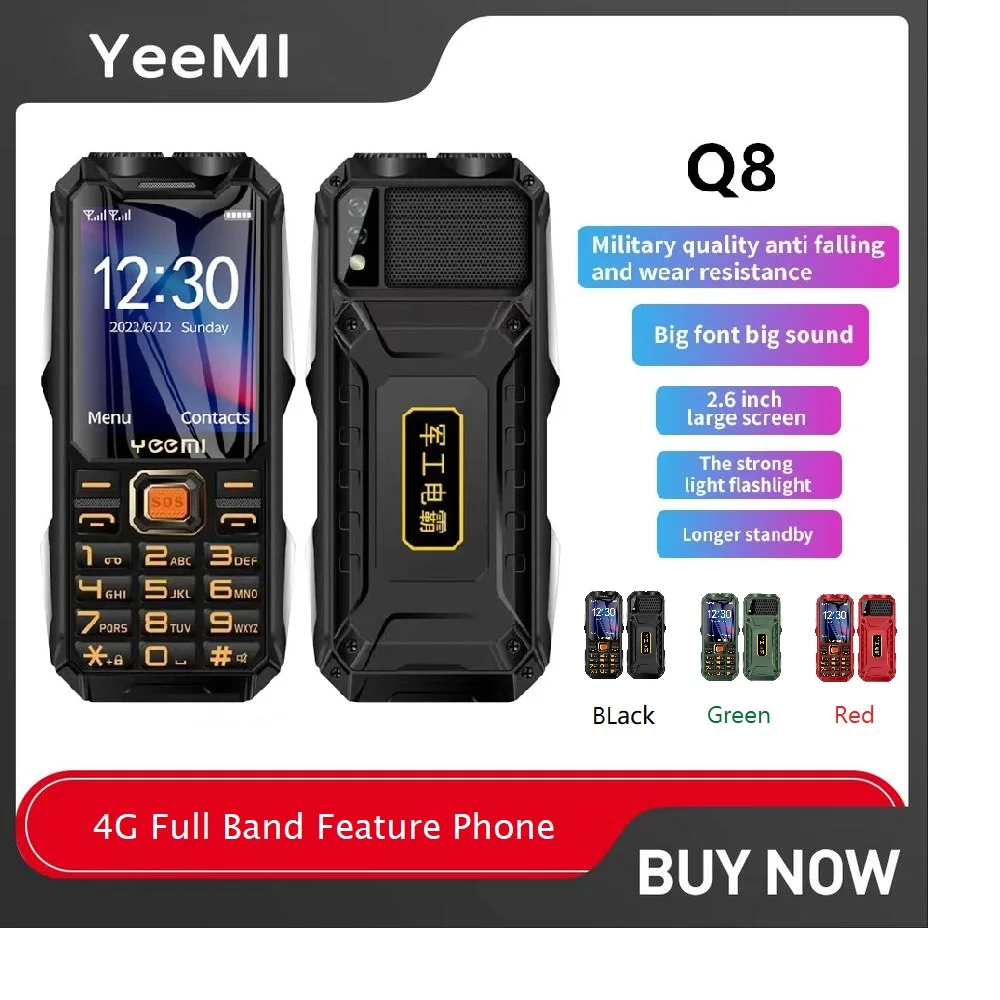 YeeMI Q8 4G teléfono resistente impermeable banda completa teléfono 2,6 pulgadas HD SOS botón altavoz grande luz LED 16800mAh batería