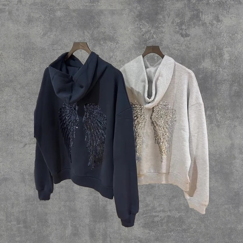 Sudadera con capucha de lentejuelas y alas Retro Y2K, sudadera con adorno de alas de Ángel, ropa de calle informal para mujer, Jersey de ajuste relajado, abrigo