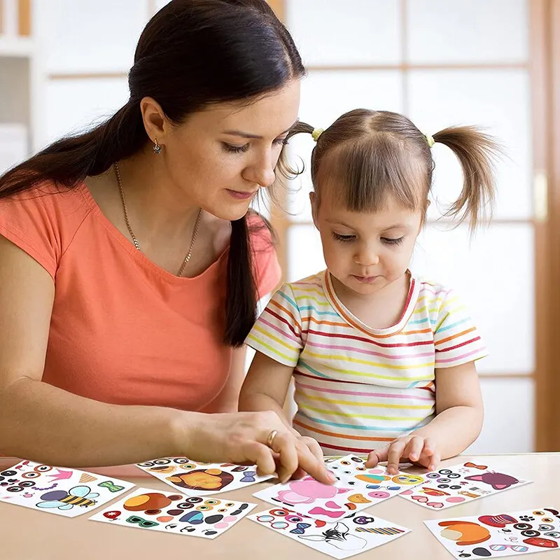 Juego de pegatinas de rompecabezas DIY para niños, 12 hojas, Cara de animales, ensamblaje divertido, pegatinas, juguetes educativos, regalos para niños y niñas