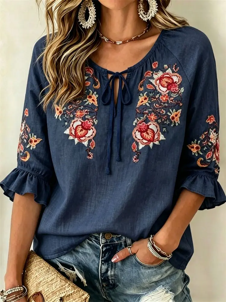 Blusa de Mujer con Estampado Floral Degradado Azul, Cuello con Lazo, Estilo Casual y Holgado para Primavera, Verano, Uso Diario y Ocasiones de Vacaciones