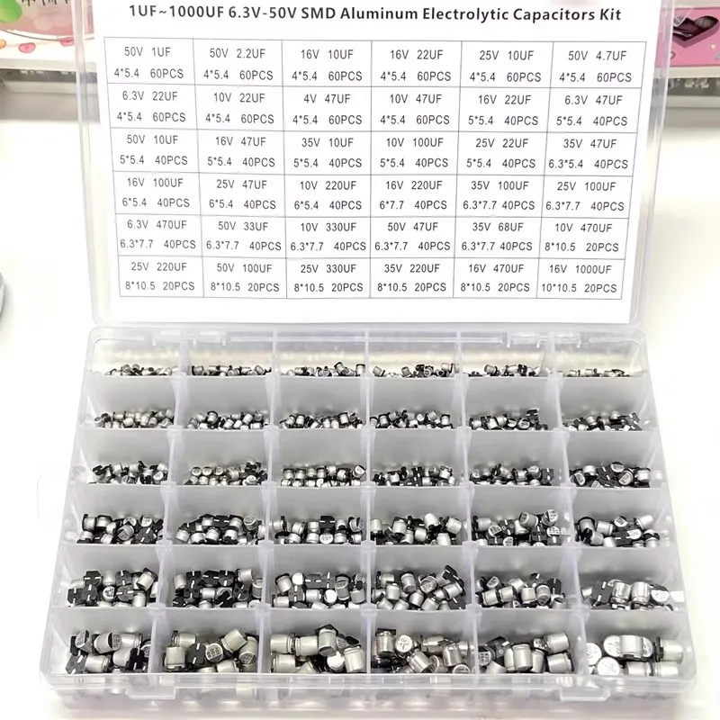 1500 Uds 1UF-1000UF 6,3 V-50V SMD Kit de condensadores electrolíticos de aluminio caja de muestra SMD