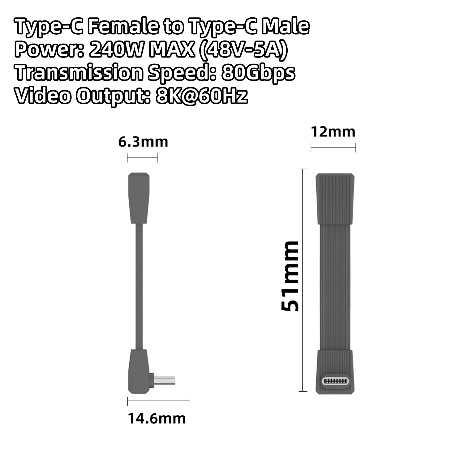 Cable USB-C a C corto de 5 cm y 90 grados, 80 Gbps, 240 W, carga rápida PD, salida de vídeo 8K a 60 Hz para SSD de portátil Thunderbolt4