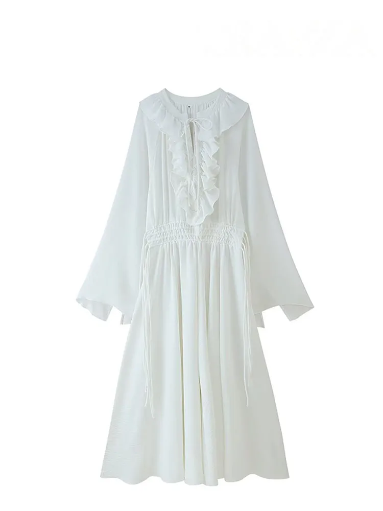 HH-vestidos de moda para mujer, vestido largo blanco con cuello en V, mangas largas, borde con volantes, decoración con cordones, estilo playero de verano