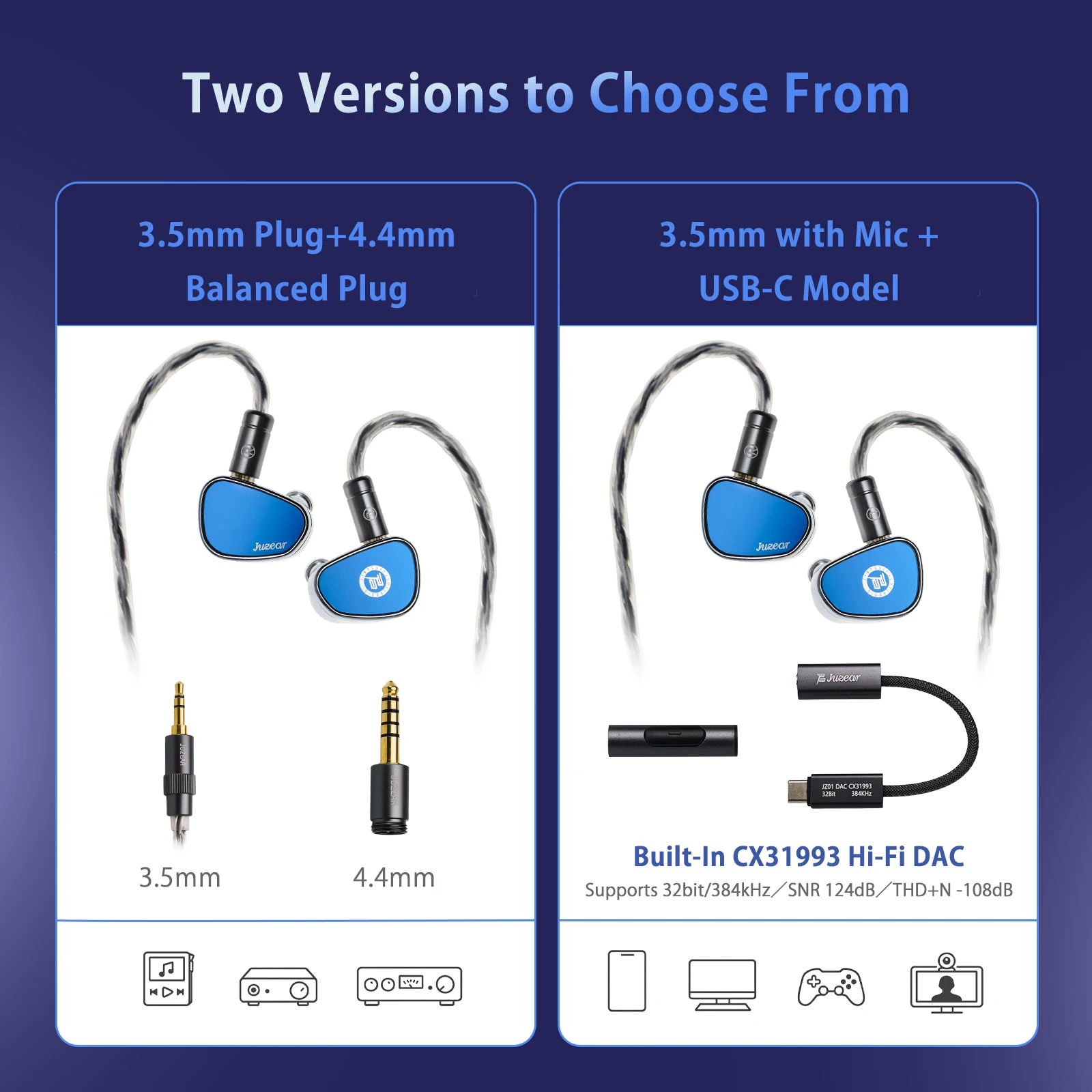 Audífonos Intrauditivos Dinámicos JUZEAR Nimbus HiFi IEM con 3 Boquillas de Ajuste, 3.5+4.4mm/ 3.5mm+Tipo-C, Micrófono, Auriculares para Juegos y Música