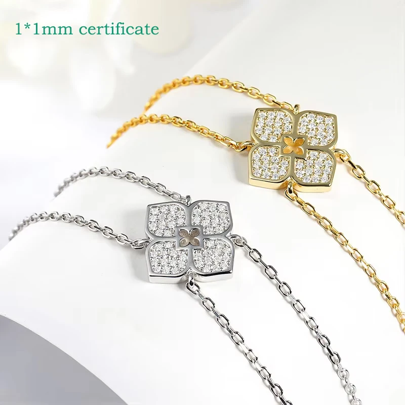 Smyoue-collares de moissanita con flores brillantes, cadena larga, regalo de boda para niñas, colgante de diamante de laboratorio, joyería de plata de ley 925