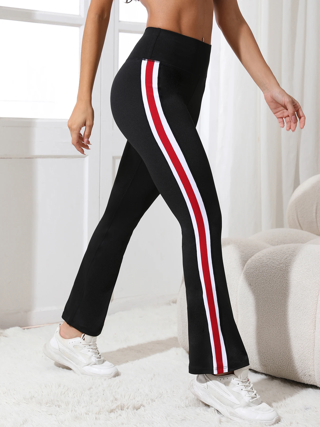 Conjunto de 1 pieza de pantalones informales con parte inferior acampanada y bloques de color para mujer, mallas deportivas de cintura alta y compresión abdominal