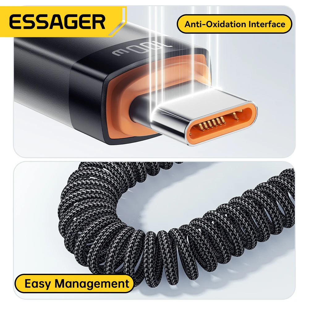 Essager Cable tipo C de resorte para coche para iPhone 16 15 Xiaomi Samsung 100W PD carga rápida para Macbook iPad Cable tipo C a tipo C