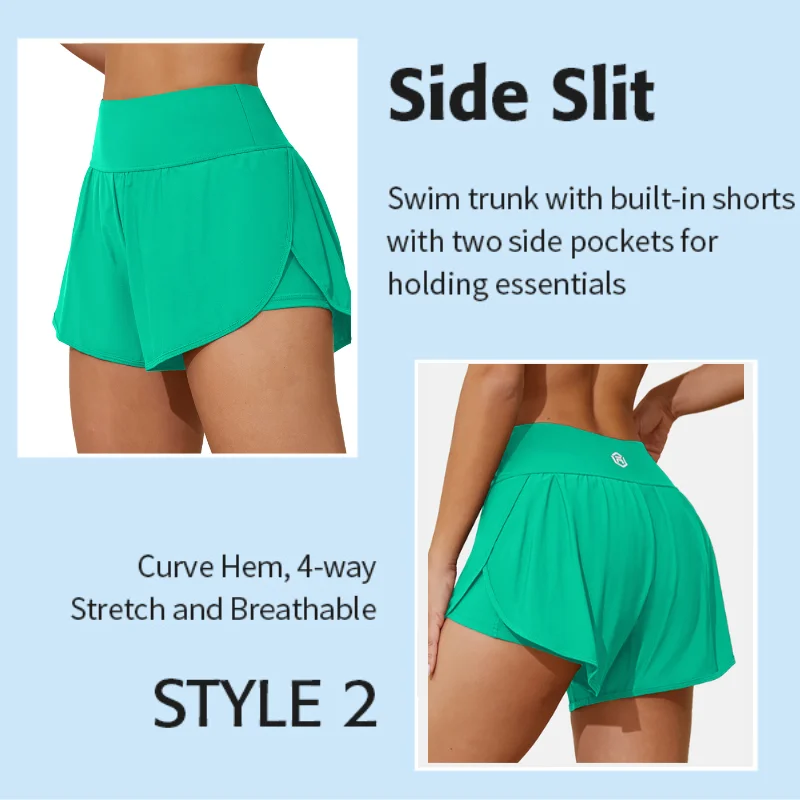 Anfilia Bañadores de natación para mujer, cintura alta, banda ancha, abertura lateral, 2 en 1, pantalones cortos de gimnasio, Yoga, Fitness con bolsillos, parte inferior Tankini