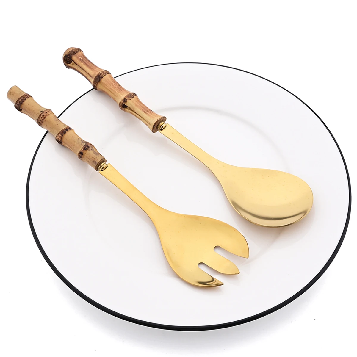 Cuchara para servir con mango largo, tenedor, mango de madera de bambú, tenedor para ensalada, vajilla de cocina de acero inoxidable, juego de cubiertos, 2/4 Uds.