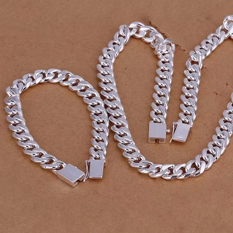 Caliente clásico 10MM cadena cuadrada 925 pulsera de plata esterlina collar conjunto de joyería para hombres 20/22/24 pulgadas moda fiesta regalo de vacaciones