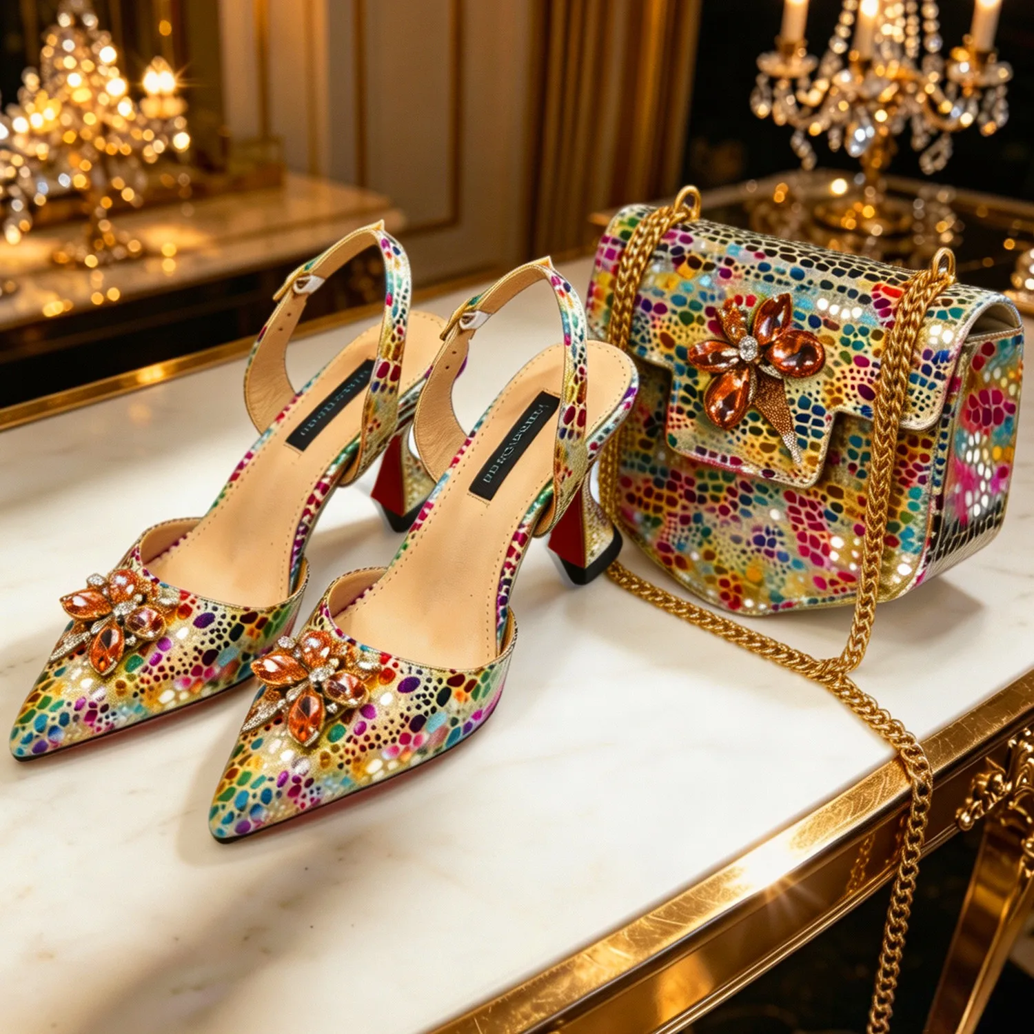 Conjunto de Tacones Elegantes con Pedrería y Bolso a Juego Venus Chan, Tacones de Bloque con Punta en Pico y Estampado Colorido para Banquetes y Salidas Nocturnas