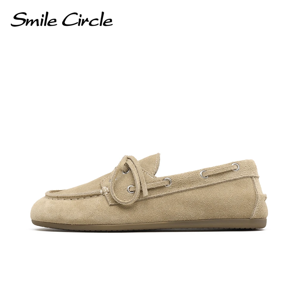 Zapatos náuticos Smile Circle, mocasines de cuero genuino para mujer, mocasines, zapatos planos con cordones