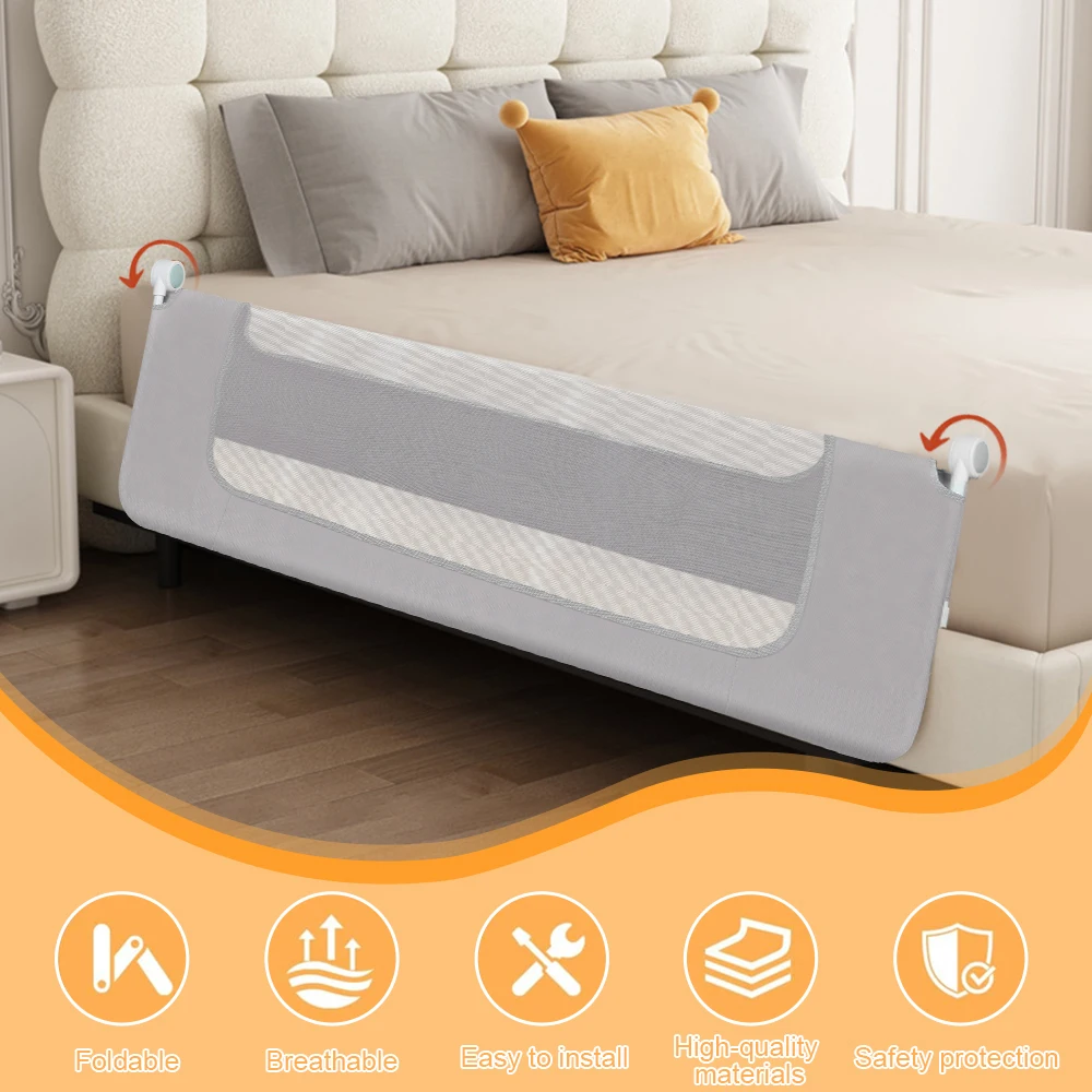 Barrera de cama 150 / 180 / 200 cm - Protección anticaídas - Plegable ° Altura ajustable de 66 a 80 cm - con patas trapezoidales y cuerdas de fijación - gris suave/rosa/azul/gris