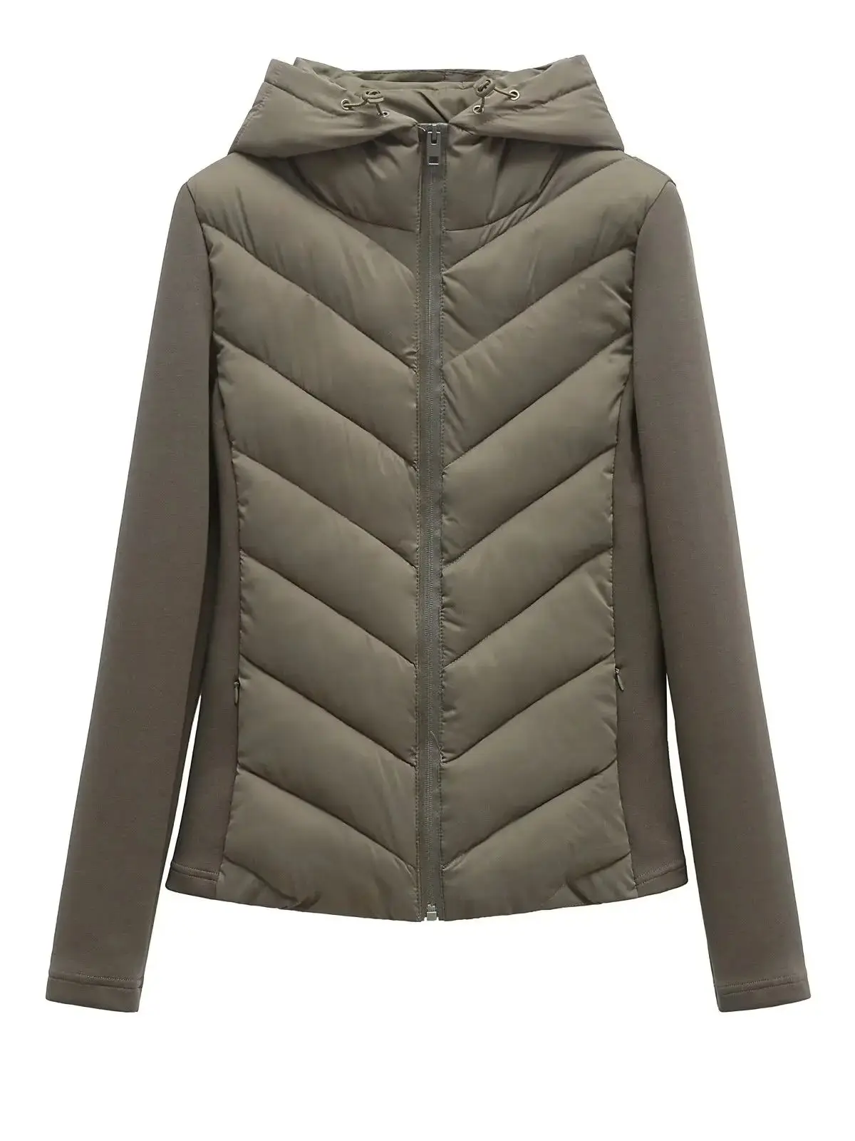 Otoño Invierno 2026, Chaquetas Elegantes de Algodón con Capucha y Diseño Patchwork para Mujer, Abrigos Deportivos Ajustados y Cálidos en Verde Militar.
