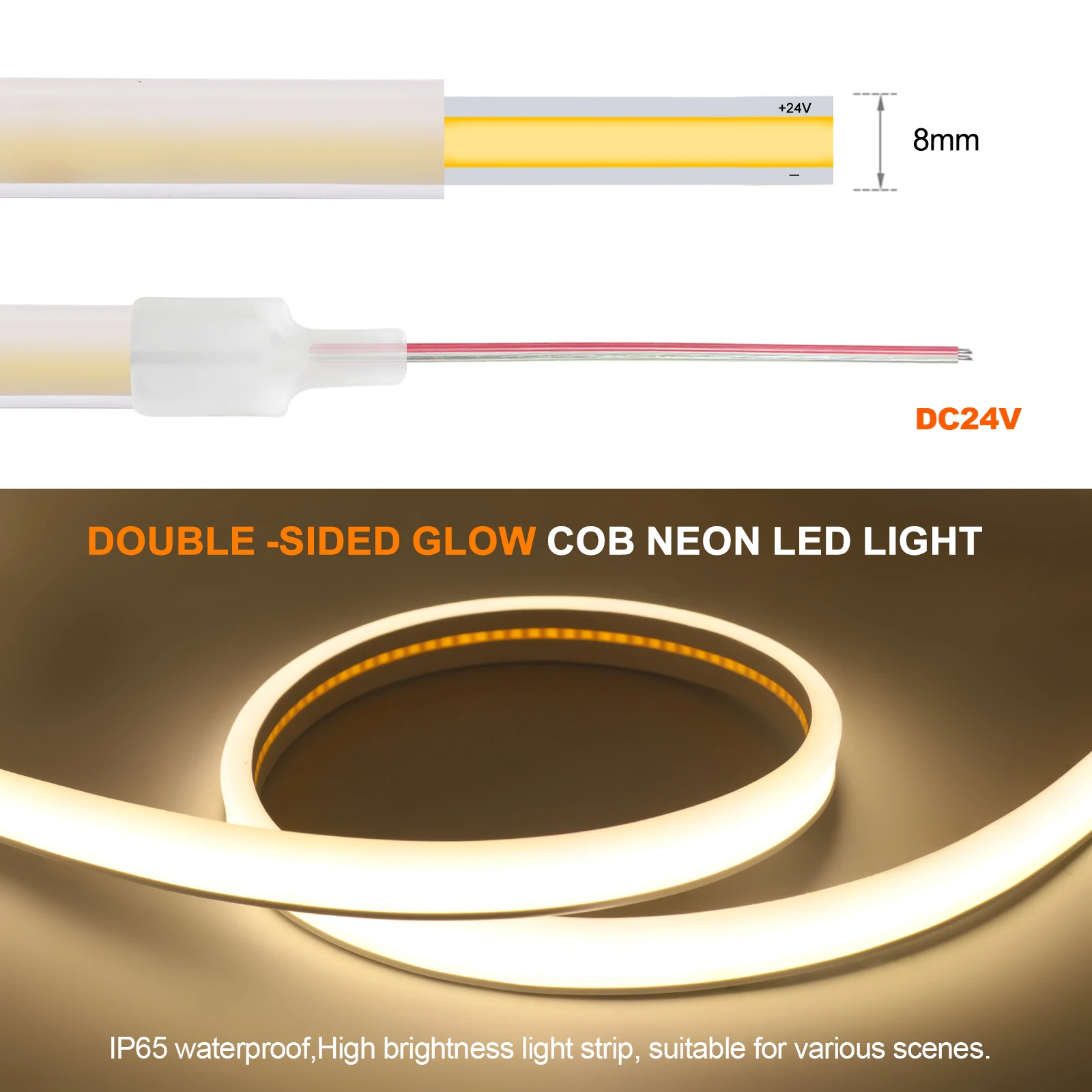 Tira de luces LED COB de 12V y 24V, cinta de neón Flexible, impermeable, doble cara, 320LED, iluminación lineal de alta densidad, 0,5-20M