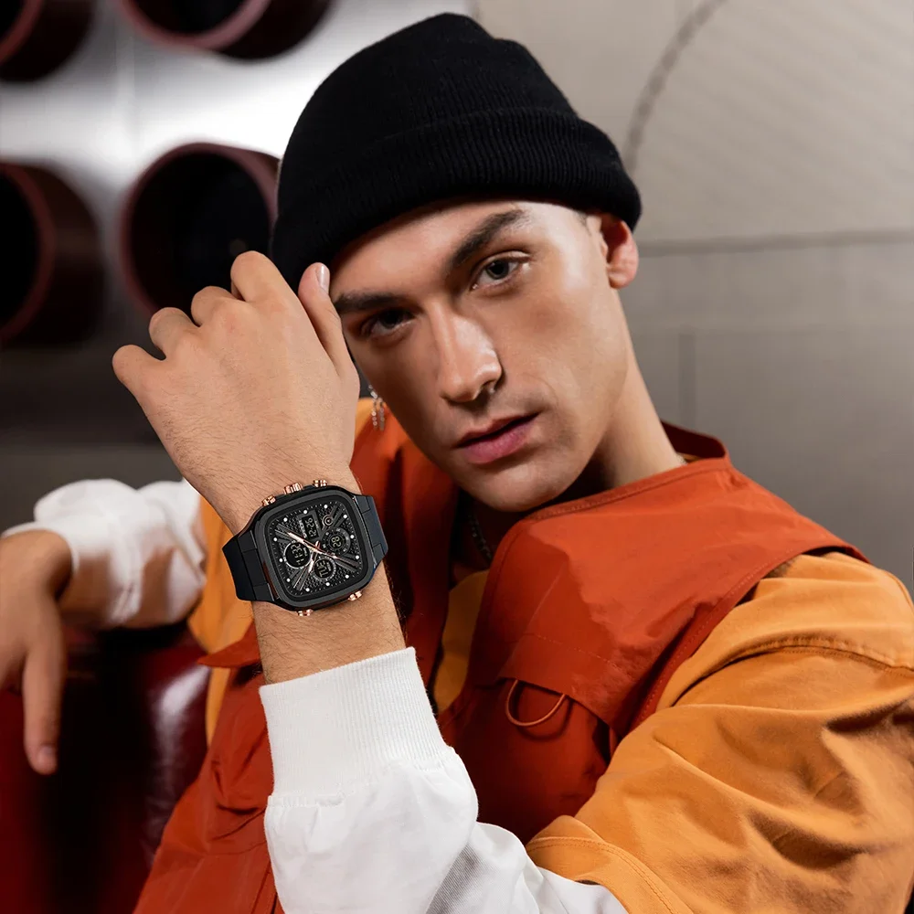 Relojes SANDA de moda para hombre, relojes deportivos cuadrados, relojes digitales con doble hora, relojes de pulsera electrónicos impermeables hasta 50m para hombre