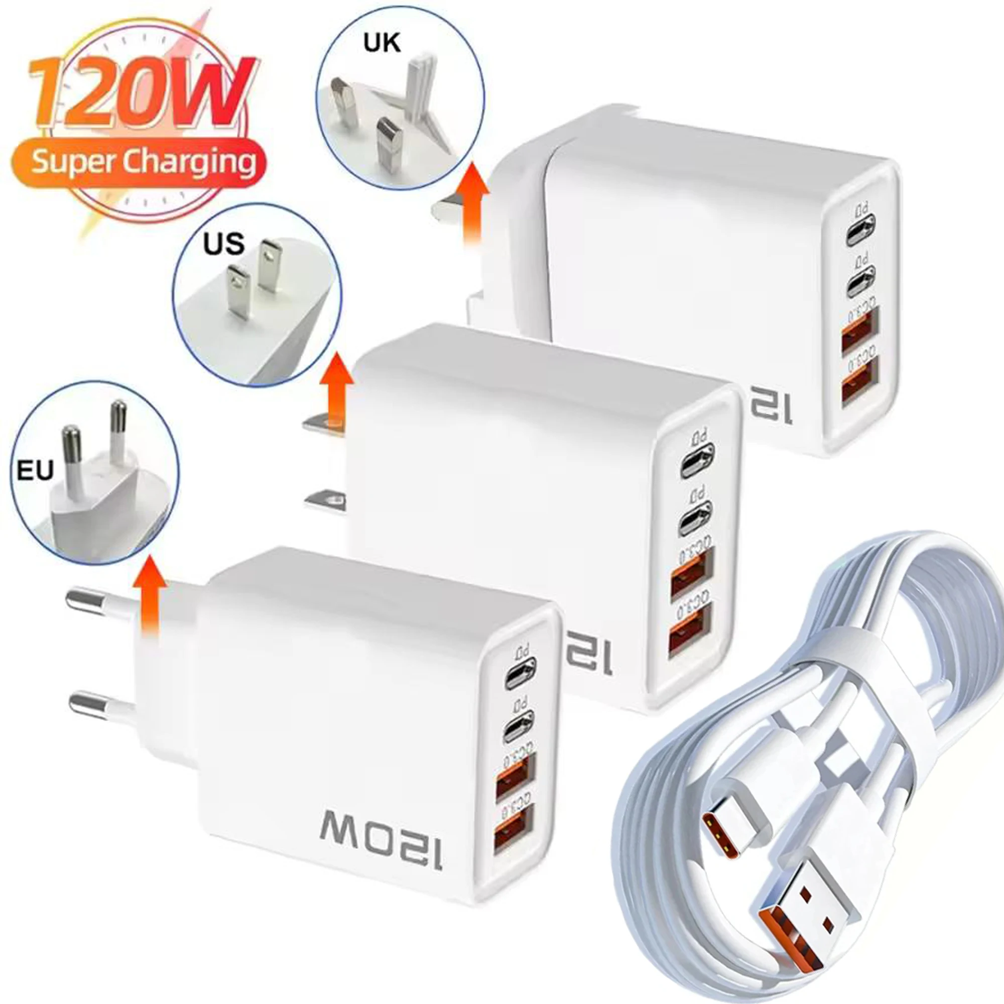 Cargador de 4 puertos y 120W con USB C PD, carga rápida 3.0, tipo C, adaptador de carga rápida para iPhone, Samsung, Xiaomi, Huawei