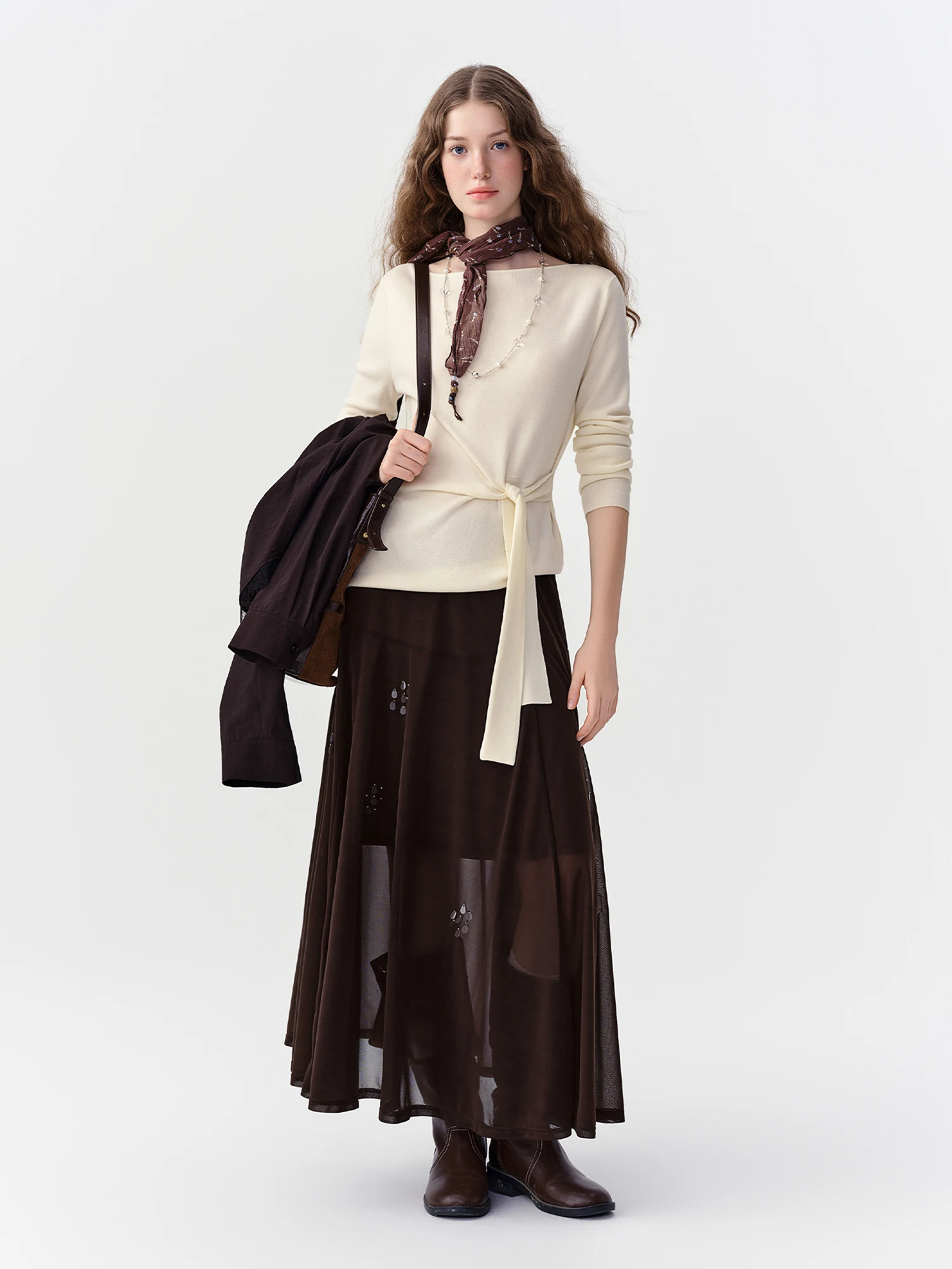 Falda Larga Fluida Color Café para Mujer DUSHU, Nueva Colección Otoño 2026, Tallas Variadas, Cintura Alta, Corte Holgado, Elegante y Casual