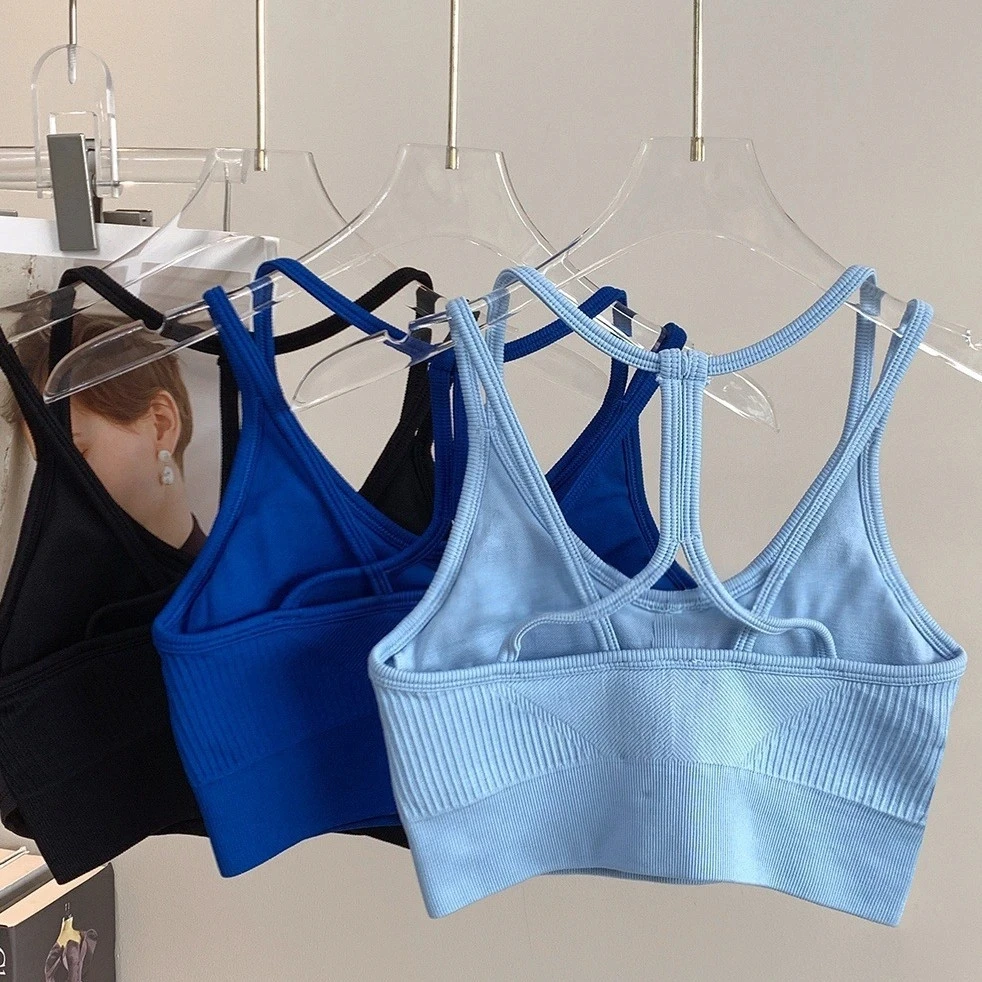 Camiseta sin mangas para sujetador deportivo con tirantes finos y espalda descubierta elástica sin costuras para mujer, con almohadillas para sujetador para yoga y fitness