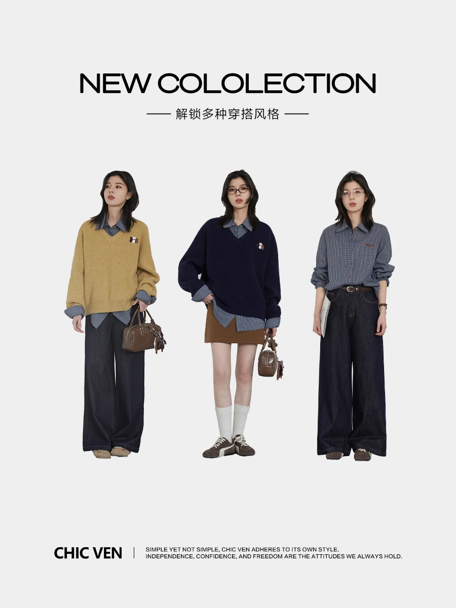 CHIC VEN camisa de mujer de manga larga de un solo pecho nuevas blusas holgadas informales bordadas a cuadros Retro Top femenino Primavera Verano 2025