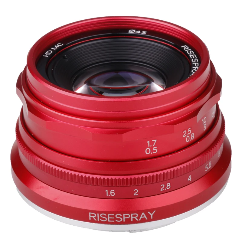 RISESPRAY 35mm F1.6 V APS-C Prime Lente para Sony E A6600 6500 Fuji XF Canon EOS-M M50 Panasonic/Olympus Micro 4/3 Rojo