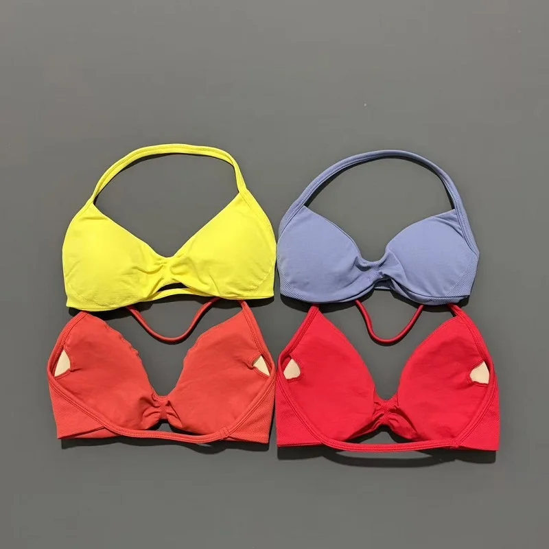 Sujetador deportivo con tirantes para mujer, top de gimnasio de alto soporte, tirantes finos, sin costuras, estilo halter, sujetadores deportivos con efecto fruncido para entrenamiento y yoga, con almohadillas
