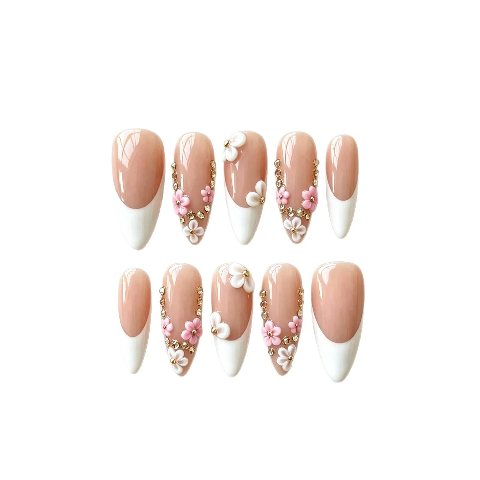 10 Uñas Postizas Hechas a Mano con Base Nude, Diseño 3D de Flores Rosas y Blancas con Pedrería, Uñas Postizas Largas Stiletto para Mujeres y Niñas