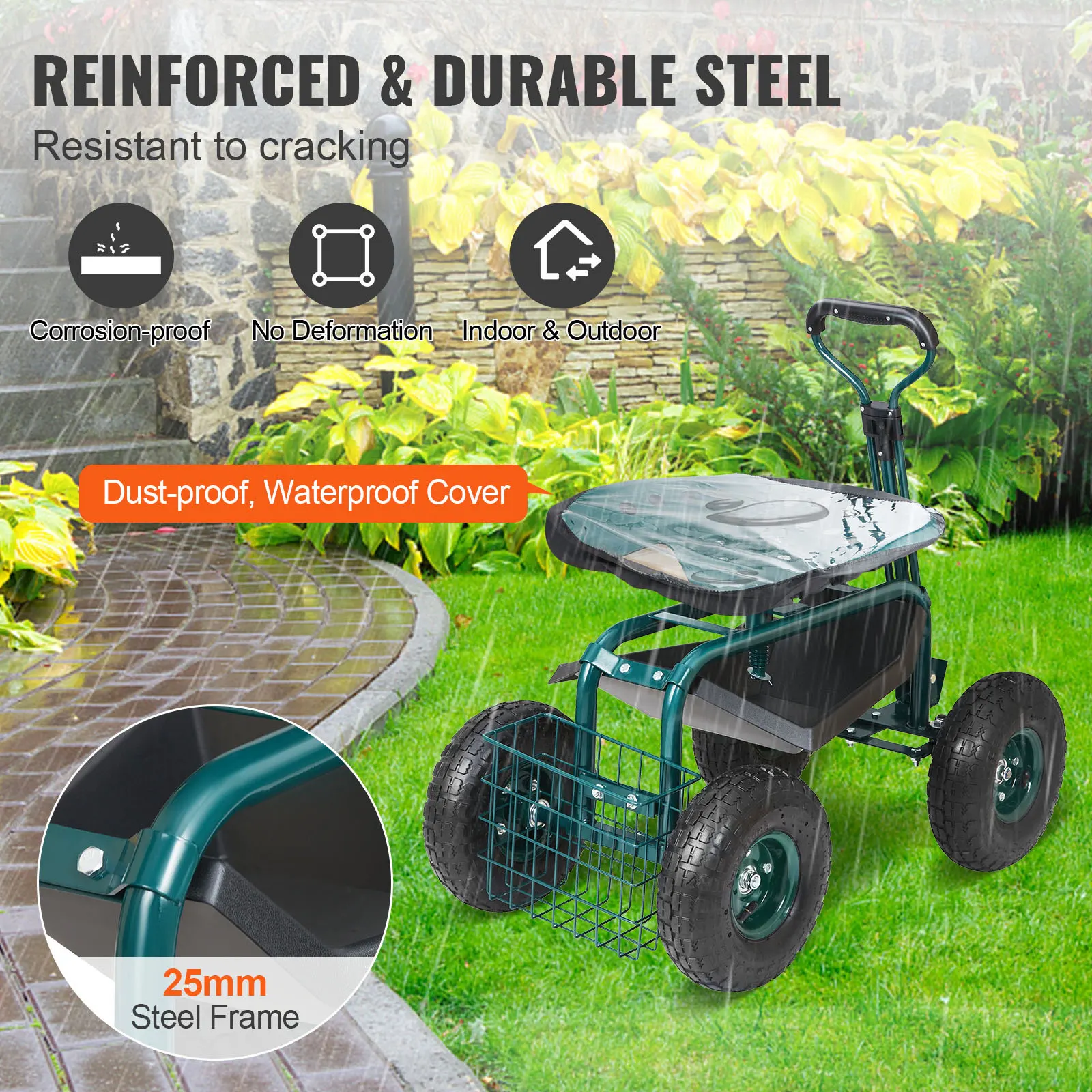 SucceBuy Carro de jardín Asiento de trabajo con ruedas Taburete de jardinería para plantar Asiento giratorio de 360 grados Carro Scooter con dirección
