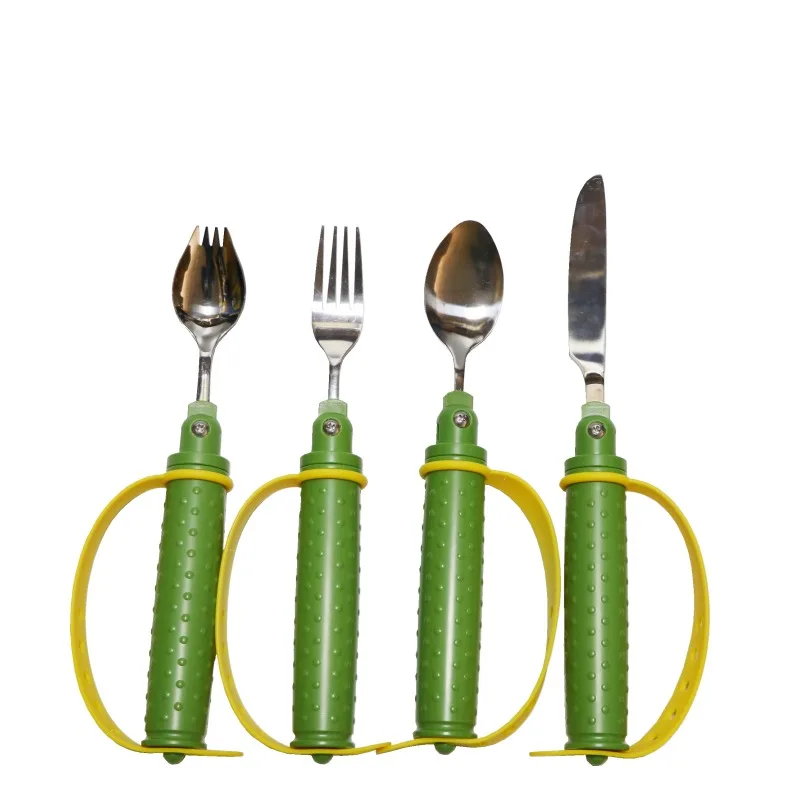 Set de Cubiertos Asistivos para Personas Mayores, Tenedor/Cuchara de Acero Inoxidable de Grado Alimenticio con Correas Antideslizantes y Ángulo Ajustable