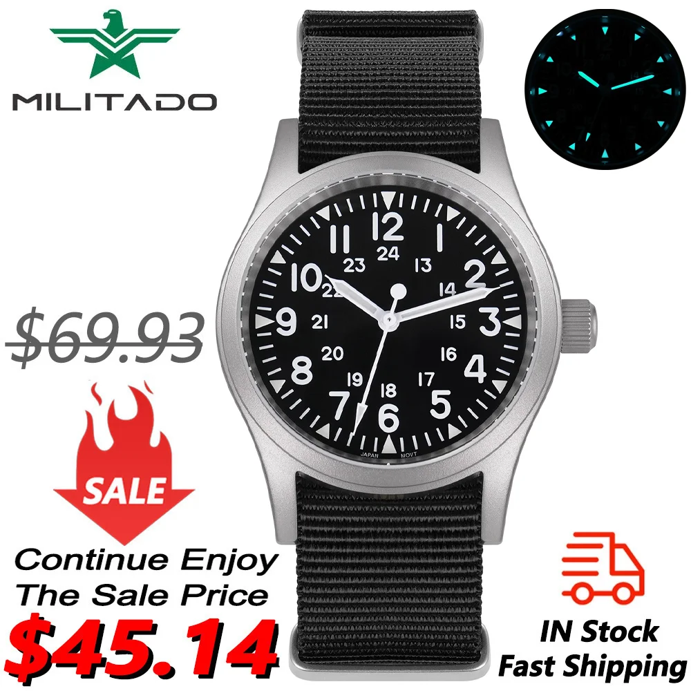 Reloj militar Militado ML05 VH31, movimiento de barrido, reloj de pulsera con cristal de zafiro abovedado, revestimiento AR de alta claridad, relojes Vintage de 38mm