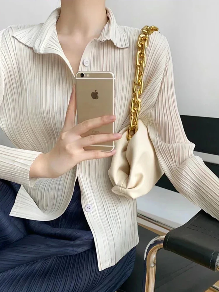 Camisa de mujer Miyake, camisa de manga larga con solapa plisada, camisa informal versátil holgada de talla grande, cárdigan plisado, Tops, novedad de otoño 2024