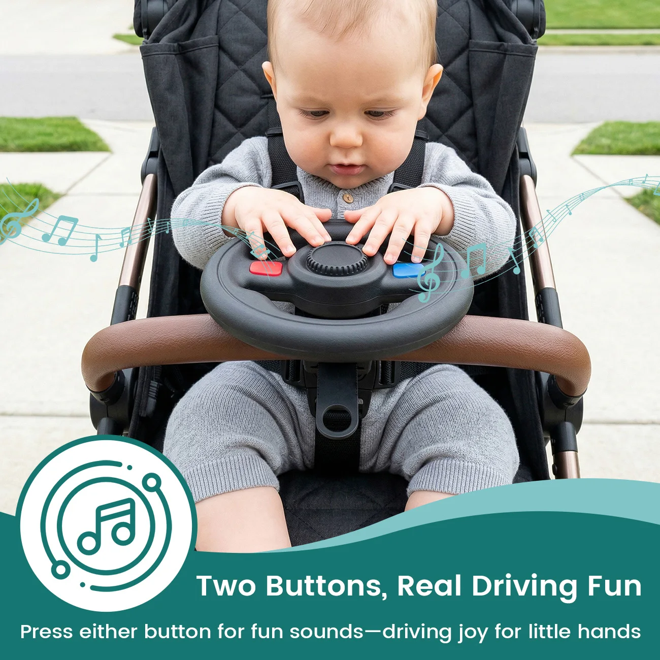 Juguete de Volante para Cochecito de Bebé, Juguete Musical de Simulación de Conducción con Sonido de Bocina, Soporte Ajustable 360° °   Juguete Giratorio para Niños Pequeños