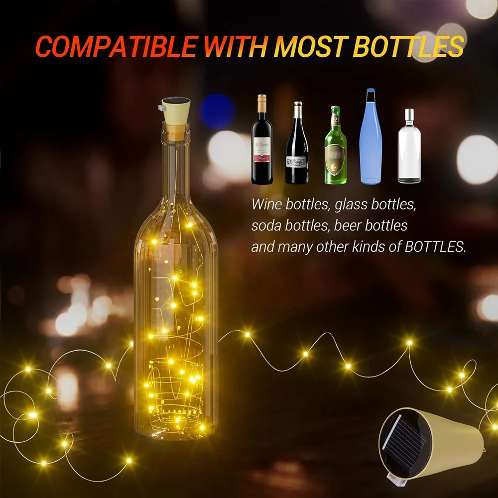 Guirnalda de luces solares para botellas de vino, 20LED, alambre de cobre Solar, luces de hadas con forma de corcho, lámpara navideña para decoración de jardín, fiesta de boda