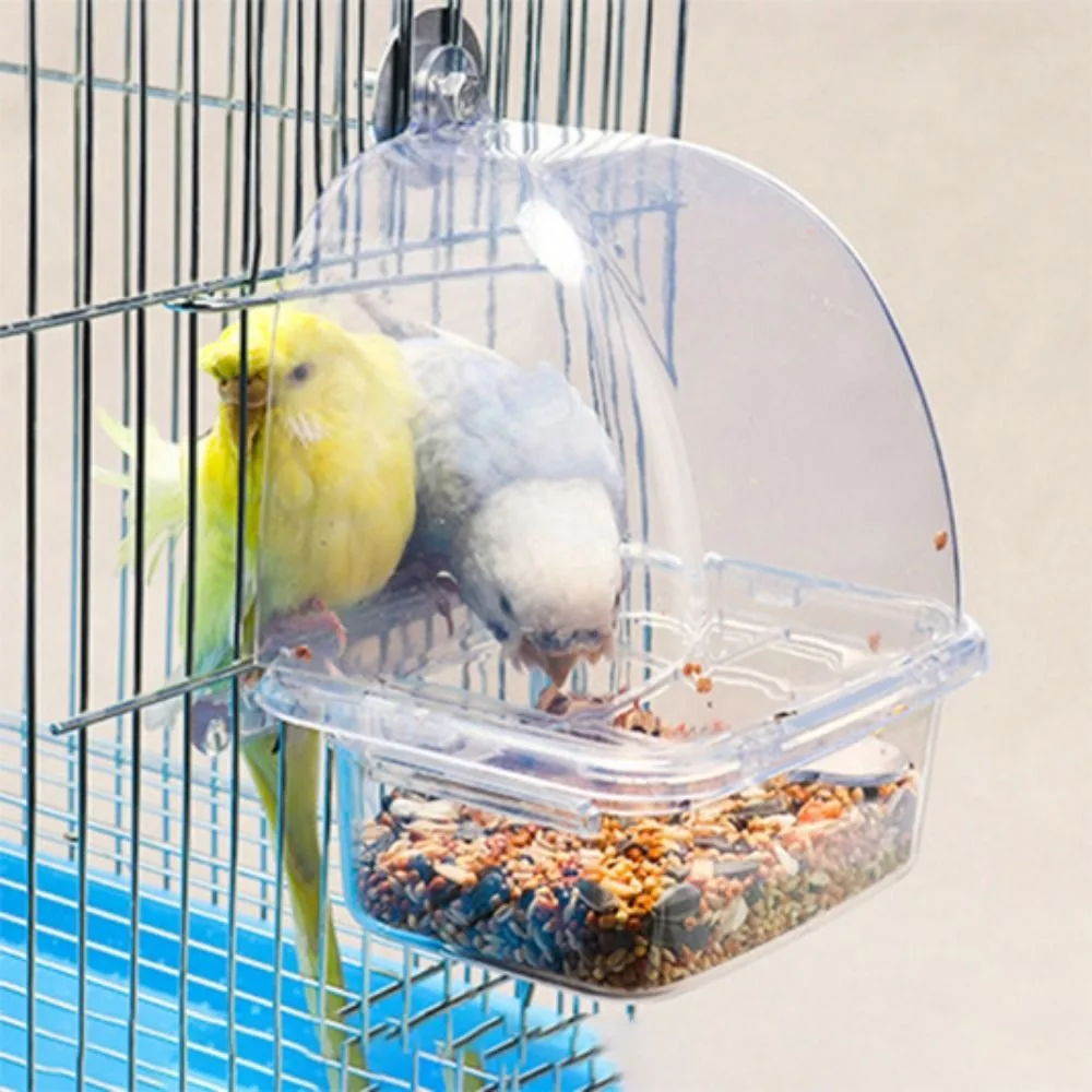 Alimentador de jaula para pájaros, caja de alimentación de plástico duradero transparente para loros, recipiente para alimentos de gran capacidad a prueba de salpicaduras para mascotas