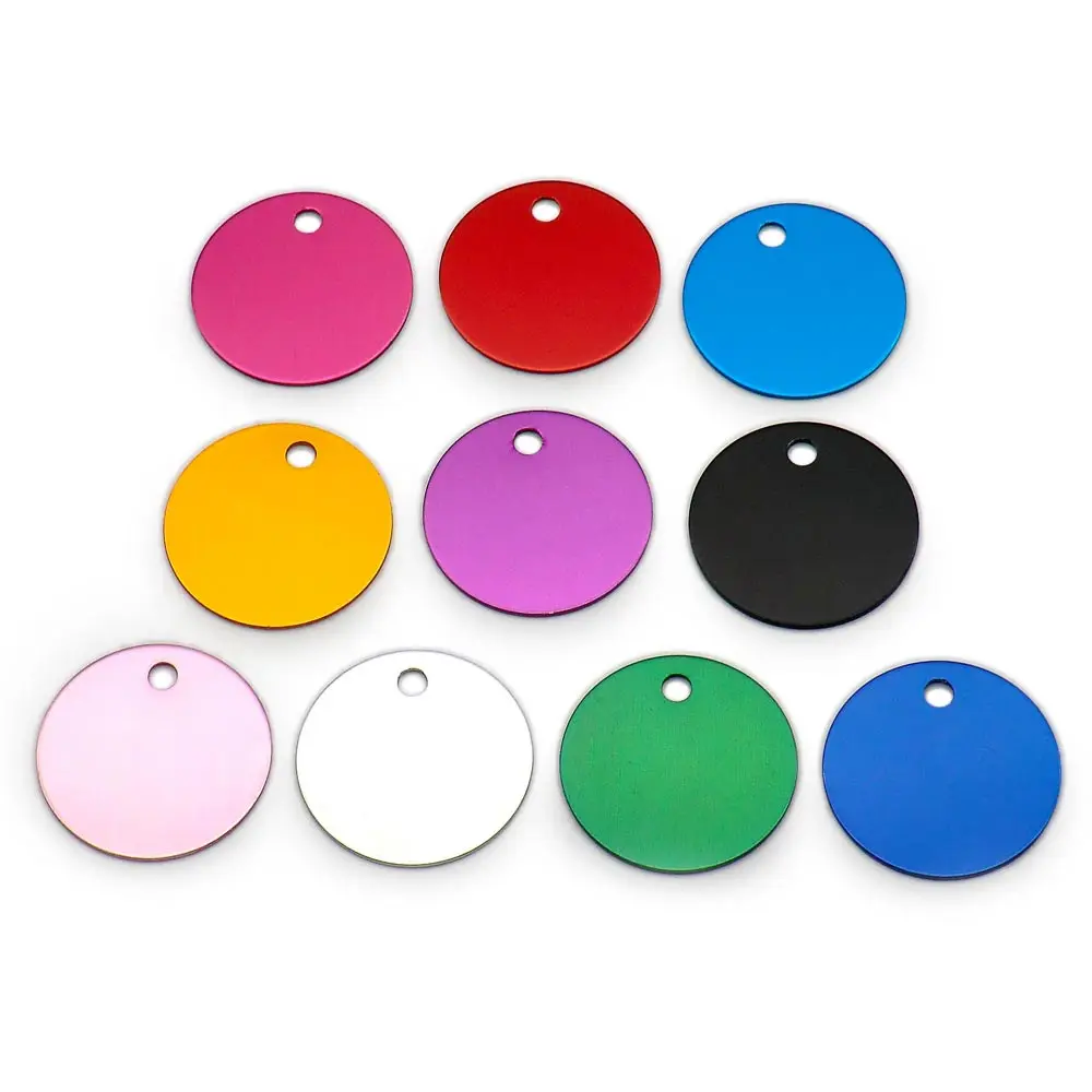 Venta al por mayor, 20 piezas, etiquetas de identificación para perros, etiqueta redonda de aluminio, placa de nombre personalizada para mascotas, grabado, accesorio de Collar colgante antipérdida