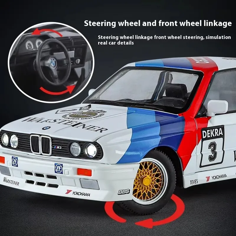 1:24 BMW M3 E30 1987 DTM coche en miniatura de aleación sonido y luz tirar hacia atrás juguete para niños coleccionables regalo de cumpleaños