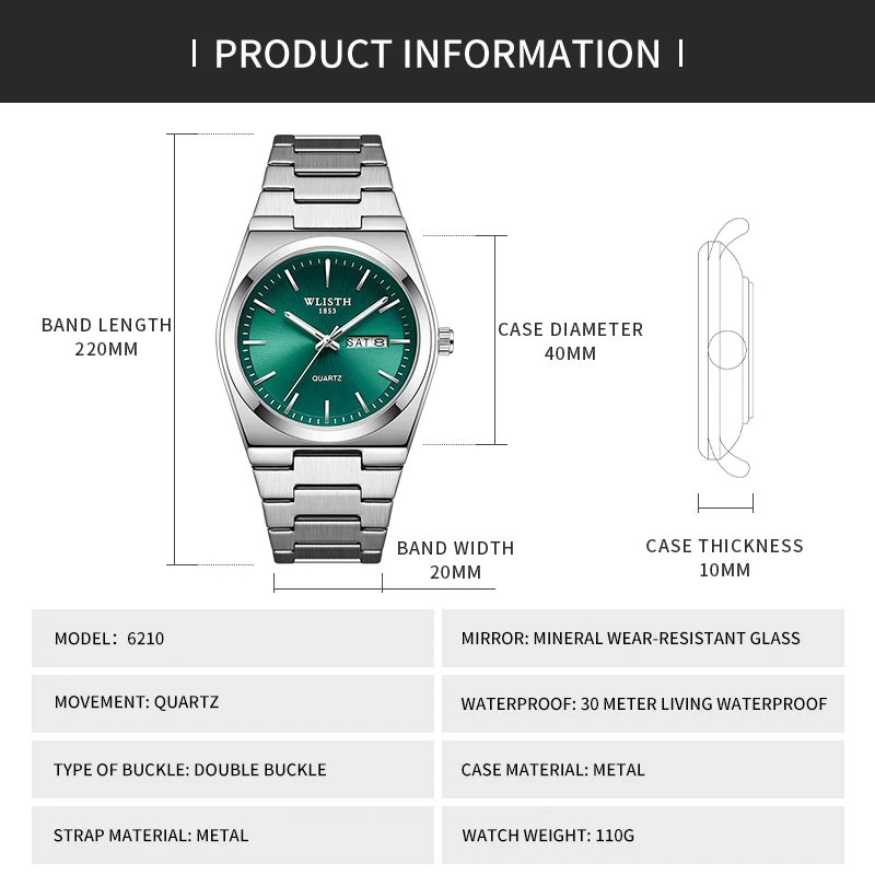 Reloj de cuarzo para hombre, reloj de lujo resistente al agua con fecha luminosa y semana, reloj de acero inoxidable para hombre, relojes masculinos, reloj para hombre