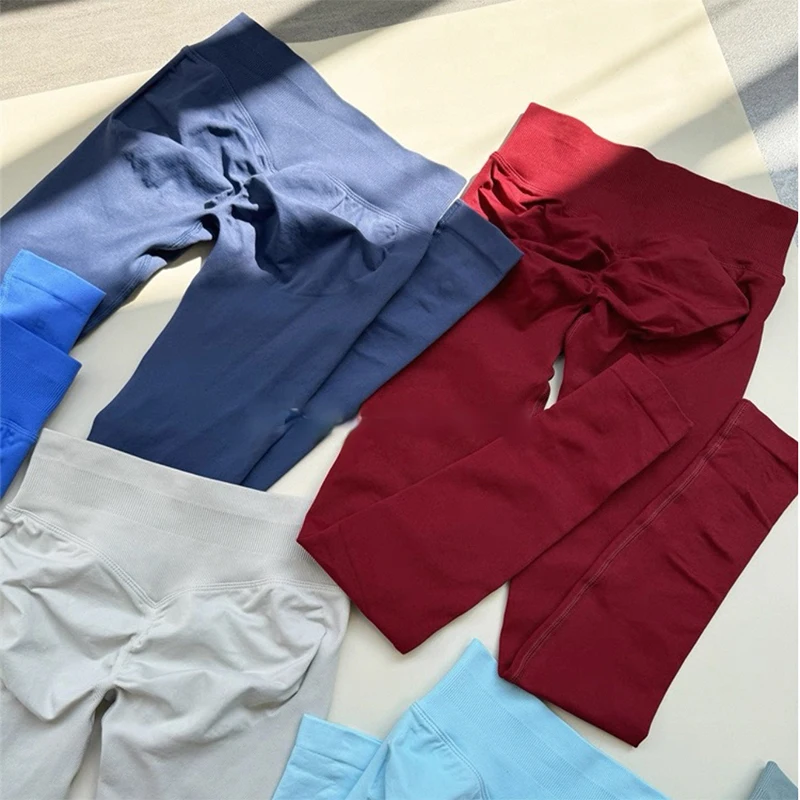 Pantalones deportivos de cintura alta sin costuras para mujer, color melocotón, levantamiento de cadera, deportes, entrenamiento de Yoga, ropa de ejercicio Abdominal ajustada