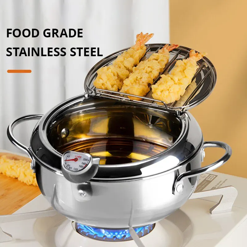 Sartén de aceite de acero inoxidable para el hogar, termómetro con cubierta, freidora de aceite Tempura, pequeña, ahorro de aceite, patatas fritas, 1 unidad