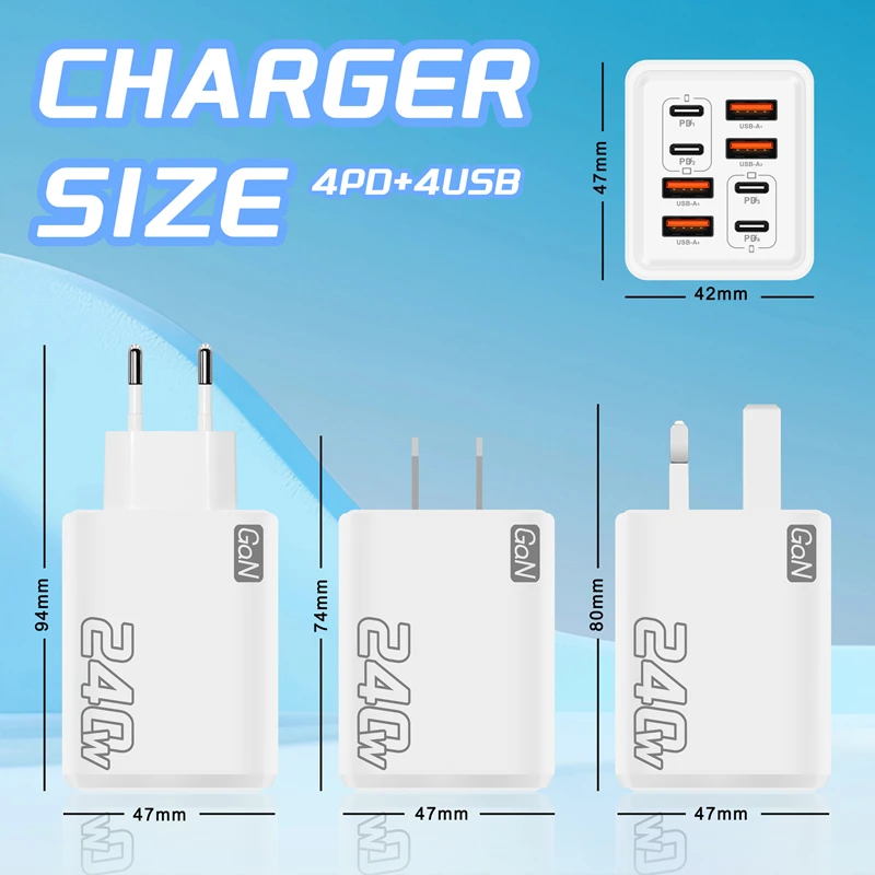 Cargador Multi-Puerto Lenovo 2026 de 240W, Carga Súper Rápida para Smartphone, 4 Puertos USB y 4 Tipo-C, Adaptador para UE, EE. UU. y Reino Unido
