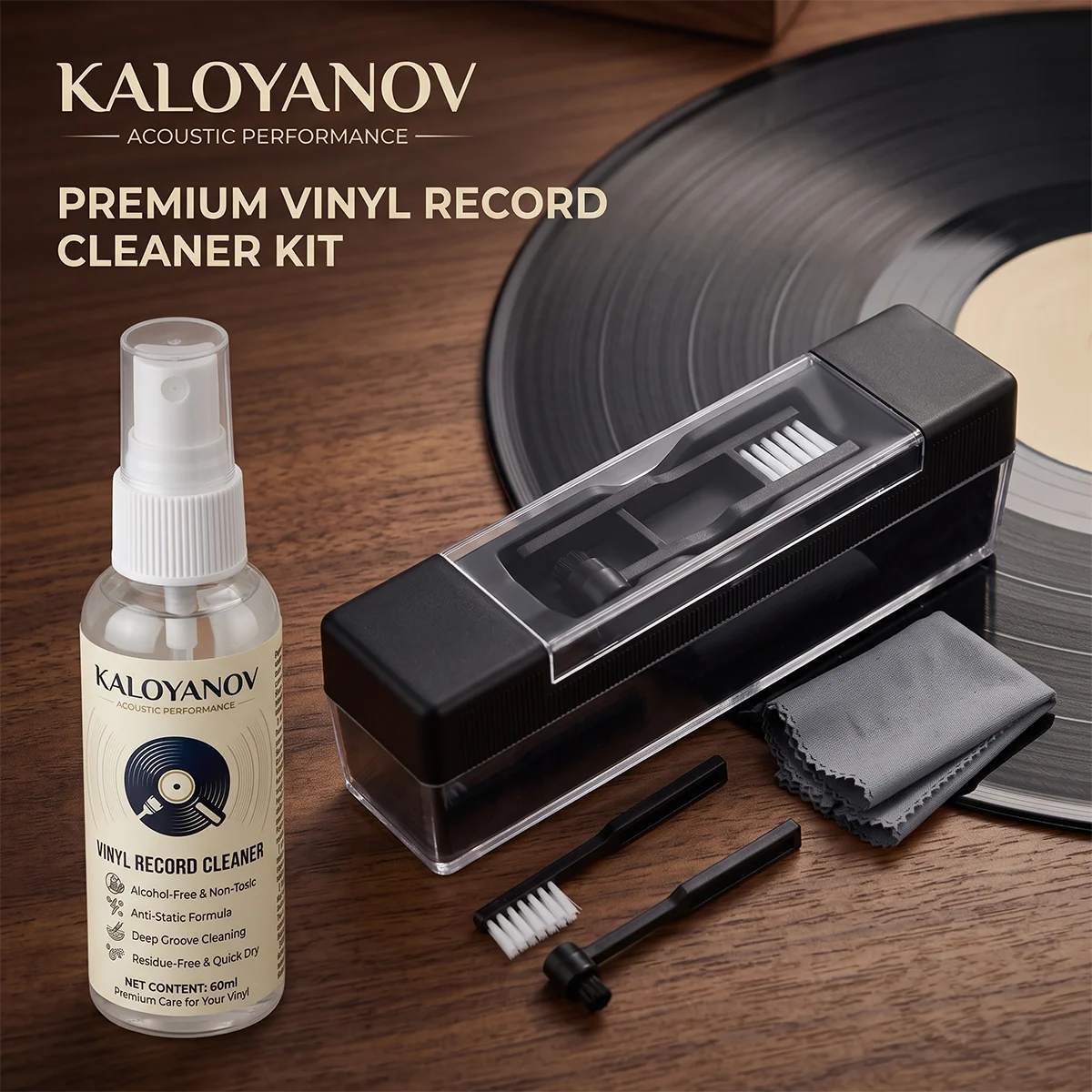 Kit Profesional de Limpieza de Discos de Vinilo con Spray sin Alcohol, Cepillo de Terciopelo y Limpiador de Agujas para el Mantenimiento de Tocadiscos LP