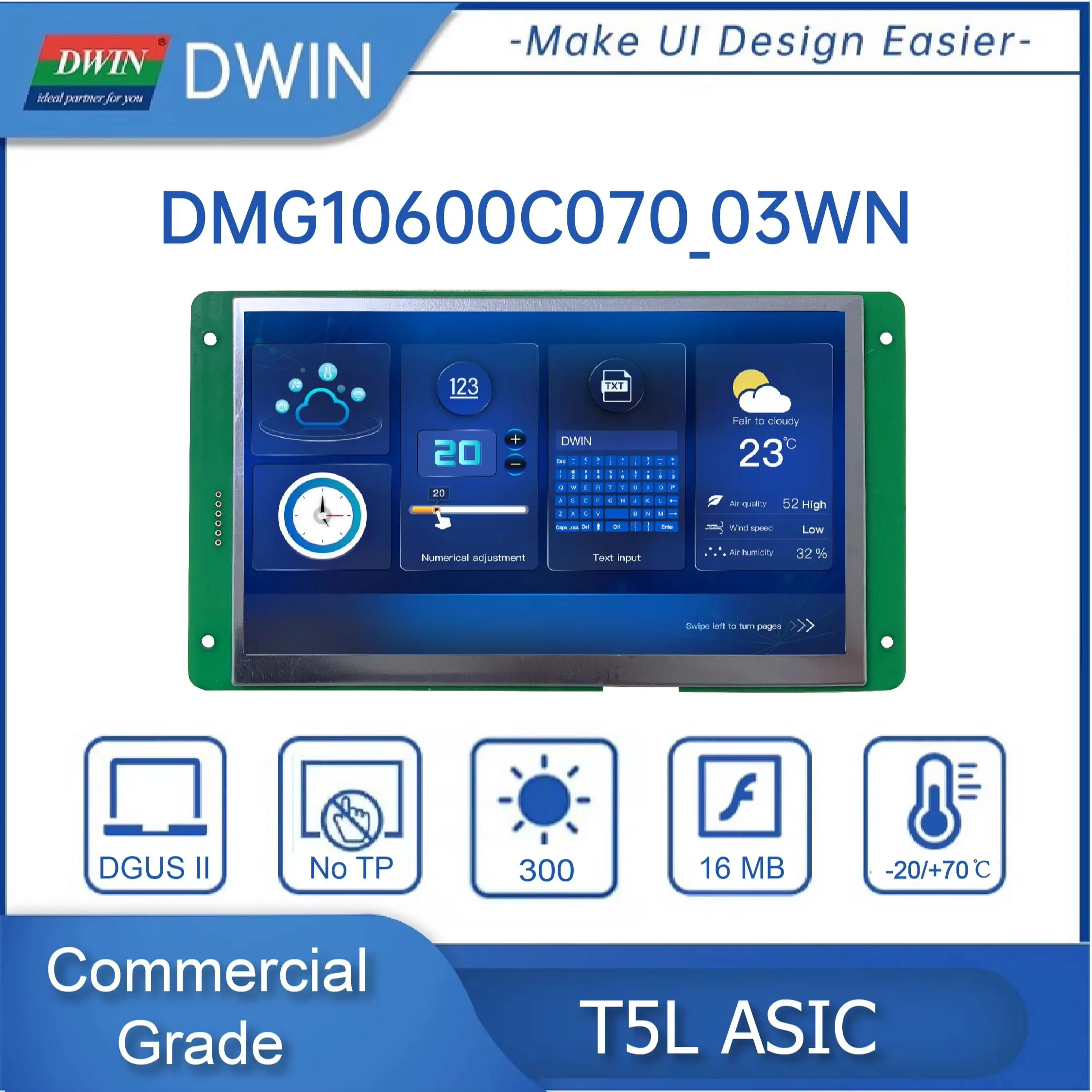 Módulo Inteligente HMI DWIN con Pantalla de 7.0 Pulgadas 1024*600, Módulo IPS-TFT-LCD, Panel Táctil Capacitivo, Amplio Ángulo de Visión DMG10600C070_03W