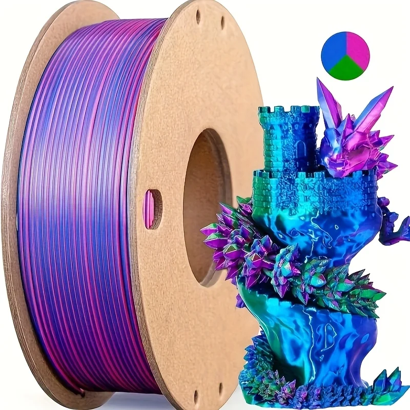 Filamento de Seda PLA de Tres Colores, 250g por Rollo, Peso Neto, Apto para Impresoras 3D FDM, Material de Impresión 3D PLA de Seda de 1.75mm