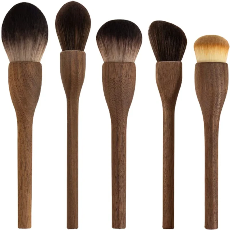 Brocha de maquillaje con mango de madera Vintage, brocha de contorno de base en polvo suelto de nogal de alta calidad, herramienta de belleza súper suave, 6 uds.