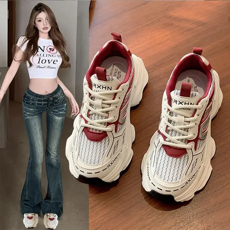 Zapatillas De deporte para Mujer, zapatos informales transpirables a la moda De otoño, zapatos vulcanizados con plataforma cómoda con cordones De malla para Mujer